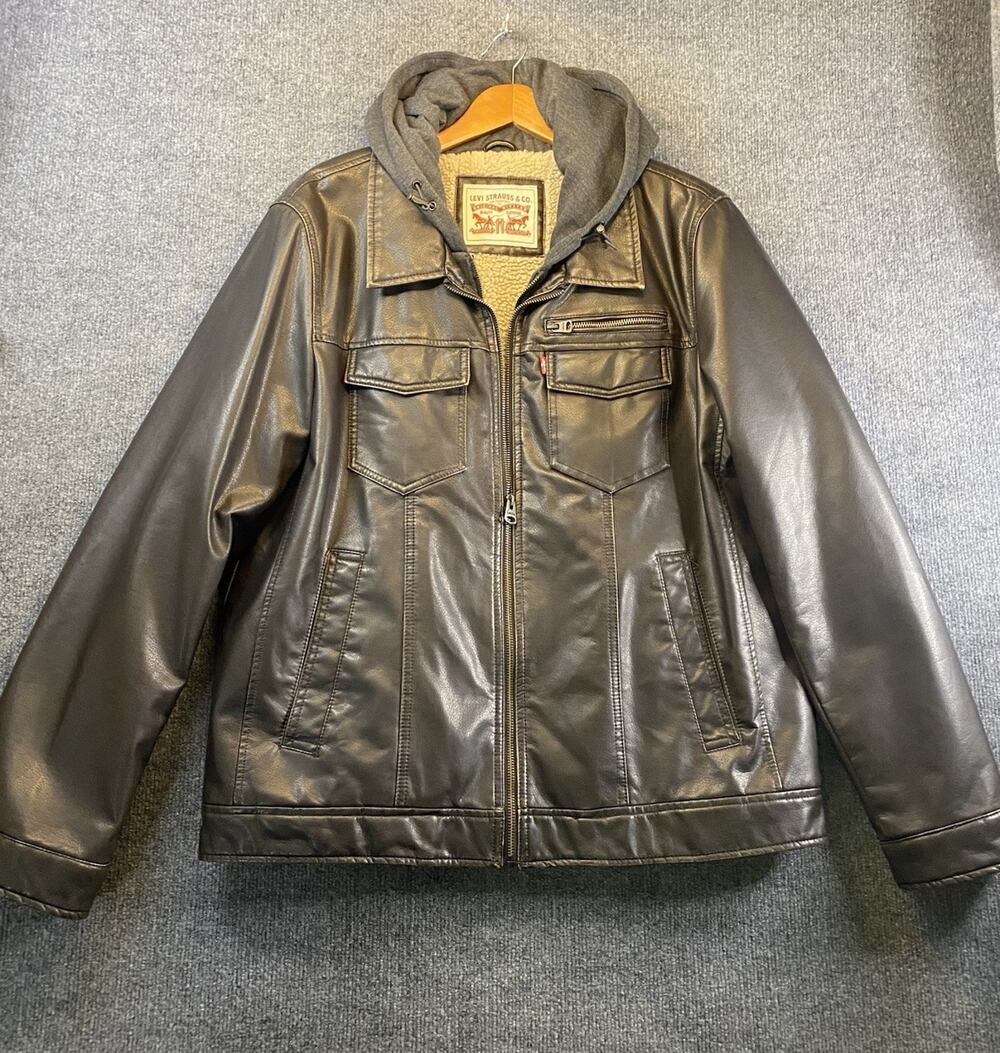 Levis Jacket Mens Large Brown Faux Leather Sherpa Lined Hooded Heavy Red Tab